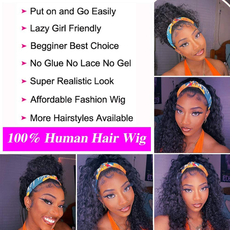 Human Hair Curly Wigs with Headband for Black Women - 18 Inch Deep Wave Machine Made None Lace Front Wig - 150% Density Brazilian Virgin Long Wig