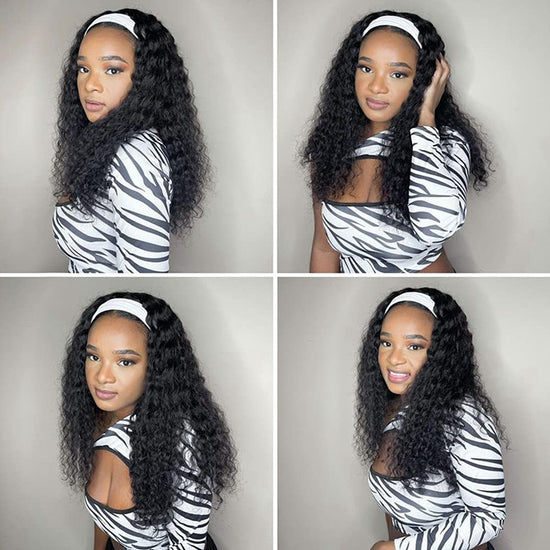 Human Hair Curly Wigs with Headband for Black Women - 18 Inch Deep Wave Machine Made None Lace Front Wig - 150% Density Brazilian Virgin Long Wig
