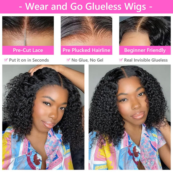 Human Hair 4X4 Glueless Curly Bob Wig 180% Density Lace Closure Kinky Curly Bob Wig for Black Women 12 Inch