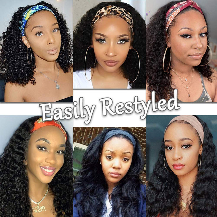 Human Hair Curly Wigs with Headband for Black Women - 18 Inch Deep Wave Machine Made None Lace Front Wig - 150% Density Brazilian Virgin Long Wig
