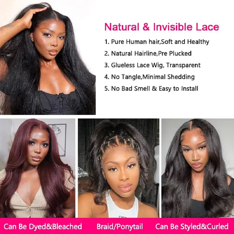 Kinky Straight Glueless Wigs for Women Ready to Wear and Go 180 Density 4X4 Lace Closure Wig Pre Cut Lace Human Hair Wig Natural