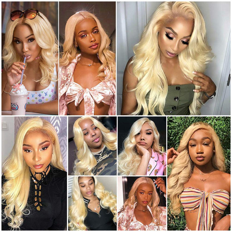 613 Blonde Bundles with Closure Brazilian Blonde Human Hair Body Wave 613 3 Bundles with 4×4 Lace Closure 100% Brazilian Virgin Remy Human Hair 150% Density Free Part (10 12 14+10, 613