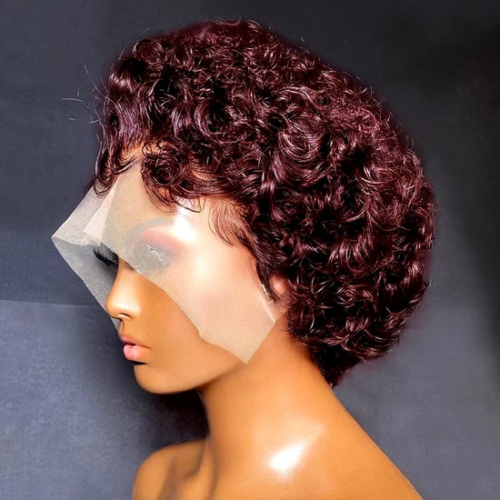 99J Burgundy Highlight Honey Colored Short Curly Pixie Cut Lace Wig Pre Plucked Bob Wig 13X2 Lace Front Curly Human Hair Wigs