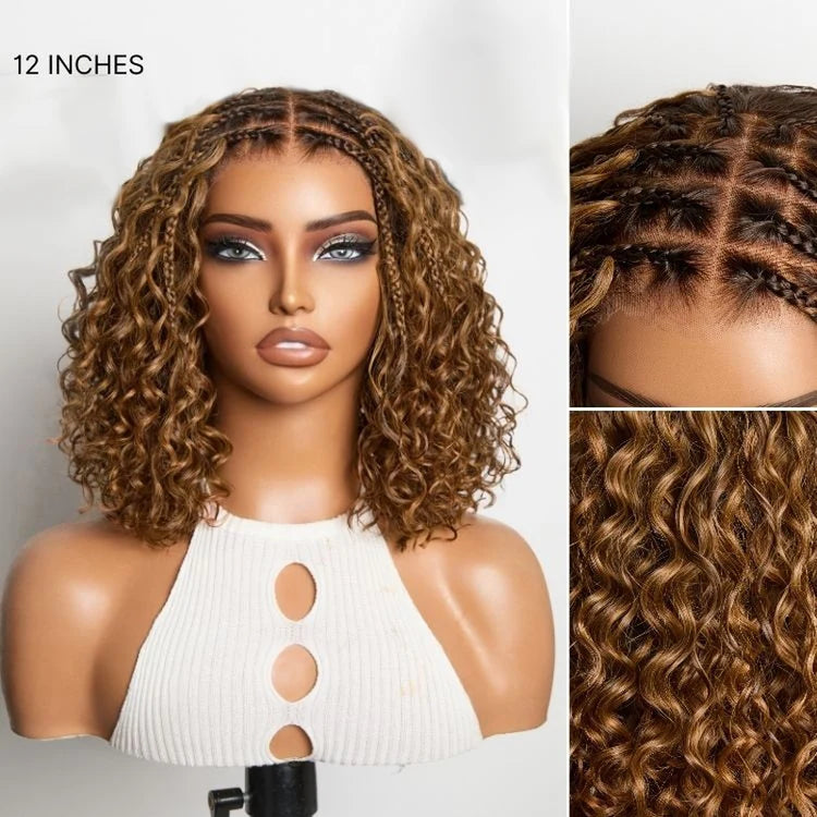 Tedhair 150% Density 5X5 Closure Lace with Boho Braids Pre-Cut Glueless Lace Wig Ombre Brown Highlight Curly