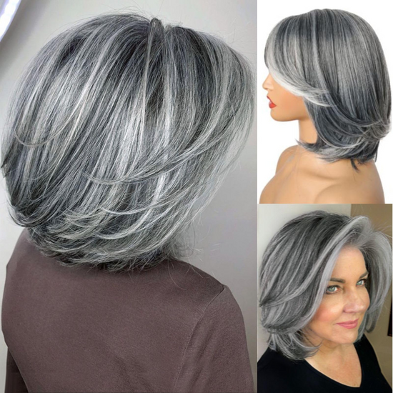 Short Human Hair Wig Colored Grey Brazilian Remy Hair Ombre Purple Silver Grey Wavy Nature Wig with Bangs Pixie Machine Made Wig