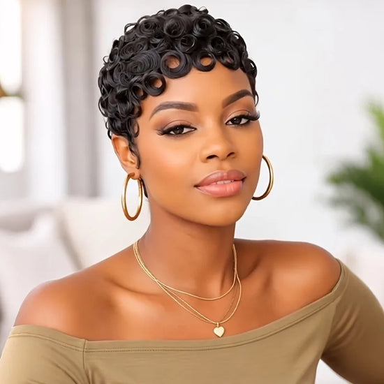 6 Inch Human Hair Short Wave Pixie Cut Wig Machine Made Remy Wigs for Women Color 1B