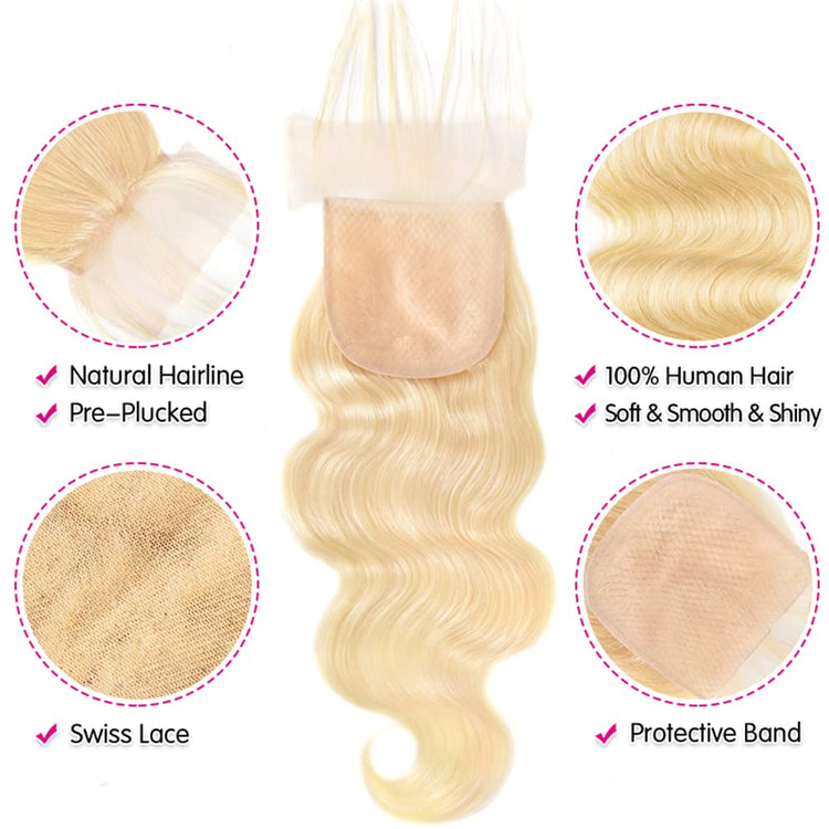 613 Blonde Bundles with Closure Brazilian Blonde Human Hair Body Wave 613 3 Bundles with 4×4 Lace Closure 100% Brazilian Virgin Remy Human Hair 150% Density Free Part (10 12 14+10, 613