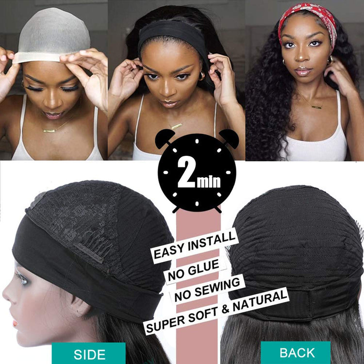 Human Hair Curly Wigs with Headband for Black Women - 18 Inch Deep Wave Machine Made None Lace Front Wig - 150% Density Brazilian Virgin Long Wig