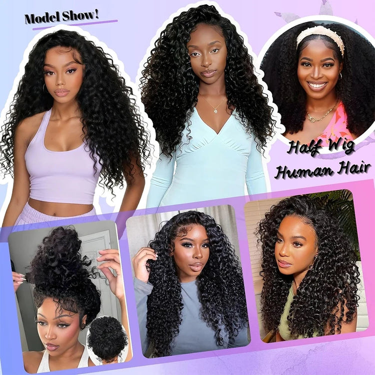 Flip over Half Wig 3 in 1 Deep Wave Half Wig Human Hair Wear and Go Glueless Wigs with Drawstring Seamless Clips Wig for Women