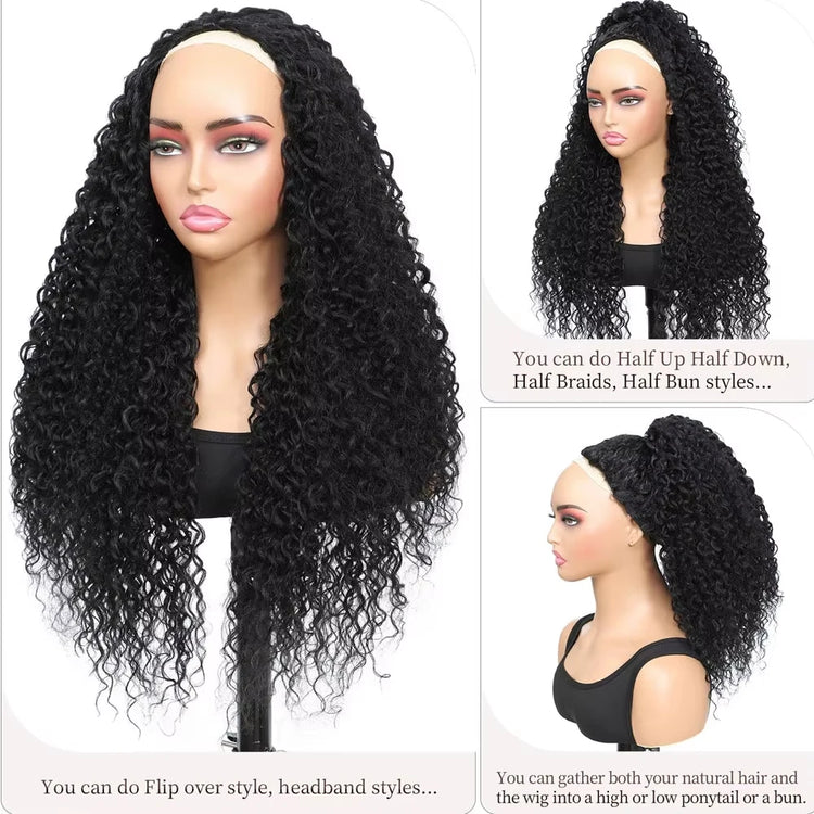 Flip over Half Wig 3 in 1 Deep Wave Half Wig Human Hair Wear and Go Glueless Wigs with Drawstring Seamless Clips Wig for Women