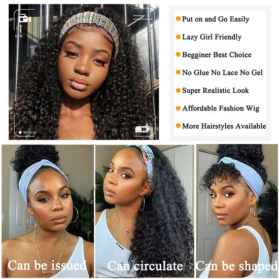 Deep Wave Headband Wig Human Hair Curly Headband Wigs for Black Women 150% Density Brazilian Virgin Human Hair Headband Wigs Curly Headband Wigs Human Hair Natural Black Headband Wigs 12 Inch