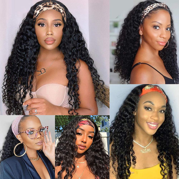 Human Hair Curly Wigs with Headband for Black Women - 18 Inch Deep Wave Machine Made None Lace Front Wig - 150% Density Brazilian Virgin Long Wig