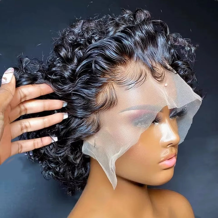 99J Burgundy Highlight Honey Colored Short Curly Pixie Cut Lace Wig Pre Plucked Bob Wig 13X2 Lace Front Curly Human Hair Wigs