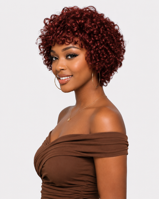 99J Burgundy Afro Puff Pixie Bob Glueless Lace Human Hair Wig
