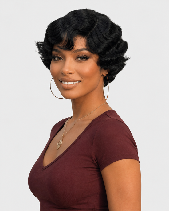 Natural Black Finger Wave Pixie Cut Human Hair Wig