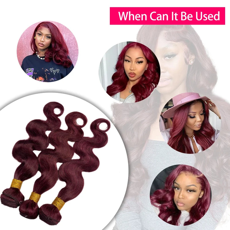 99J Burgundy Body Wave Human Hair Bundles Brazilian Wavy 3/4 Bundles Human Hair Colored Wind Red Hair Bundles