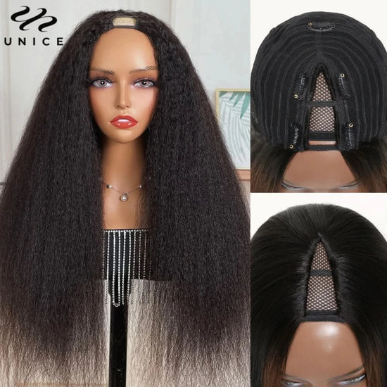 Kinky Straight V-Part & U-Part Drawstring Wig – 100% Human Hair
