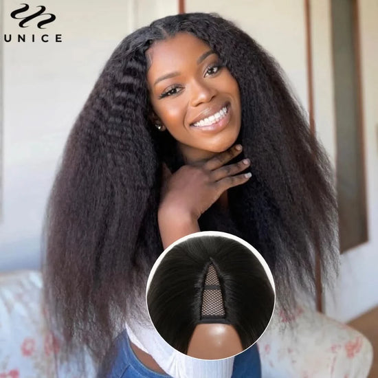 Kinky Straight V-Part U-Part Human Hair Wig – 150% Density, Minimal Leave-Out