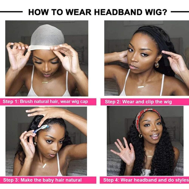 Human Hair Curly Wigs with Headband for Black Women - 18 Inch Deep Wave Machine Made None Lace Front Wig - 150% Density Brazilian Virgin Long Wig