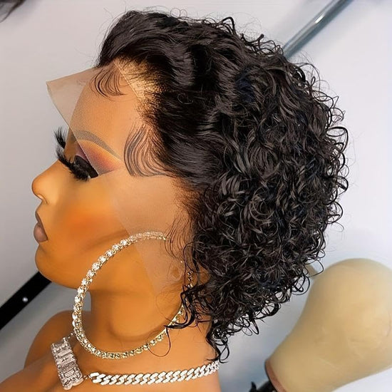 Short Pixie Cut Curly Lace Front Wigs Brazilian Remy Colored Human Hair Ombre Human Hair Wig HD Lace Front Wigs Pre Plucked 1 Inch Hairline Water Wave Pixie Cut Wigs for Black Women (