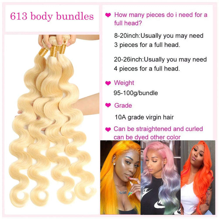 613 Blonde Bundles with Closure Brazilian Blonde Human Hair Body Wave 613 3 Bundles with 4×4 Lace Closure 100% Brazilian Virgin Remy Human Hair 150% Density Free Part (10 12 14+10, 613