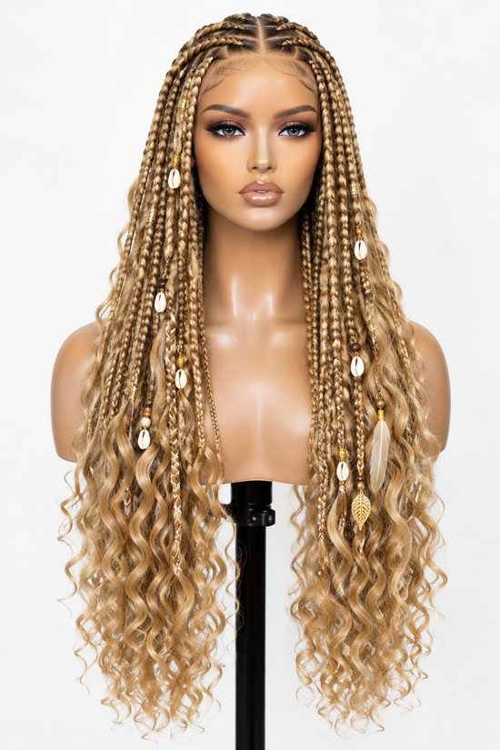 Honey Blonde Braided Wigs Ombre Brown Color Full Lace Wig Knotless Boho Box Braids Wig Preplucked 200% Density
