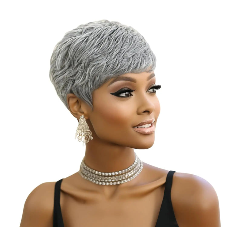 2 Inch Light Gray Short Curly Human Hair Full Machine Wig Glueless Comfortable Fit for Black Women Daily Wear Mature Hairstyles