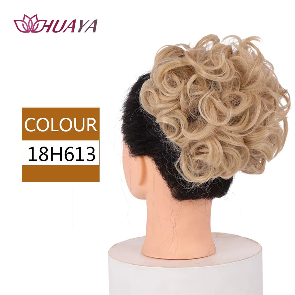 HUAYA Curly Chignon Messy Bun Updo Clip in Hair Piece Extensions Wiht Hairpins Elastic Band Synthetic Hair Bun Black Blonde