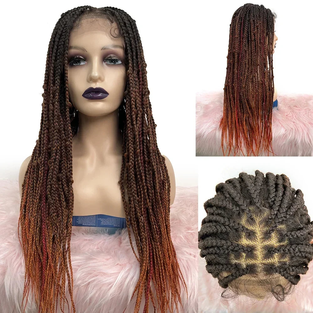 Tedhair 28 Inches 4X4 Black to Orange Ends Box Braids Lace Closure Wigs 200% Density-100% Handmade