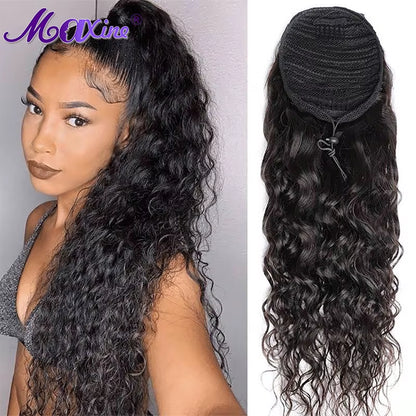 Water Wave Wrap-Around Drawstring Human Hair Ponytail Extension