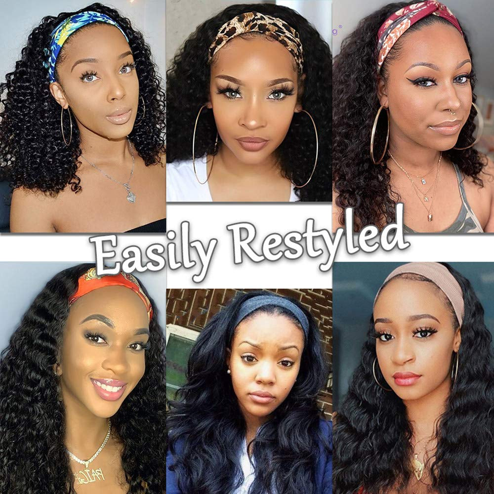 Human Hair Curly Wigs with Headband for Black Women - 18 Inch Deep Wave Machine Made None Lace Front Wig - 150% Density Brazilian Virgin Long Wig