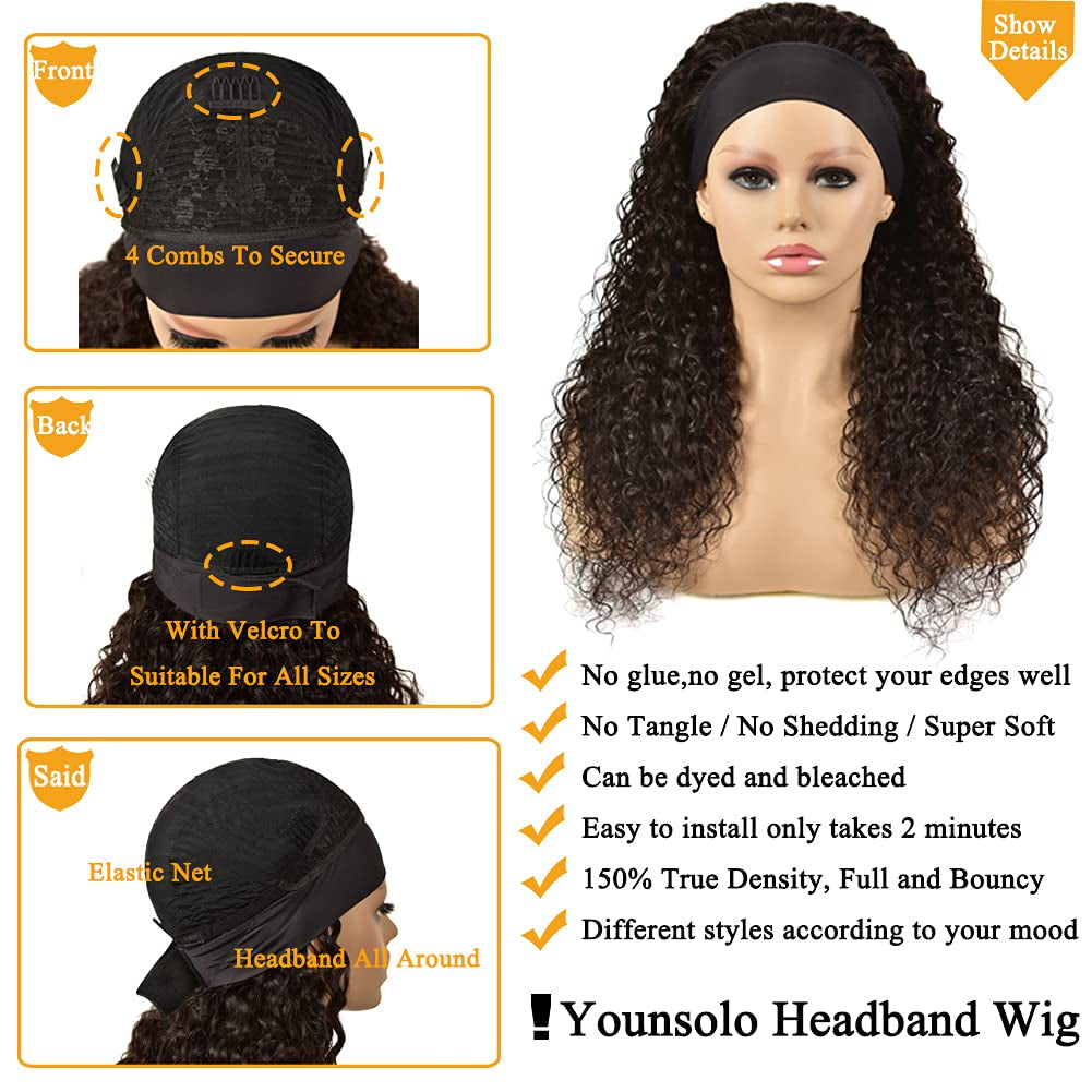 Deep Wave Headband Wig Human Hair Curly Headband Wigs for Black Women 150% Density Brazilian Virgin Human Hair Headband Wigs Curly Headband Wigs Human Hair Natural Black Headband Wigs 12 Inch