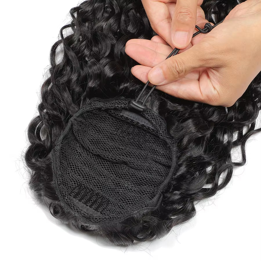 Water Wave Wrap-Around Drawstring Human Hair Ponytail Extension