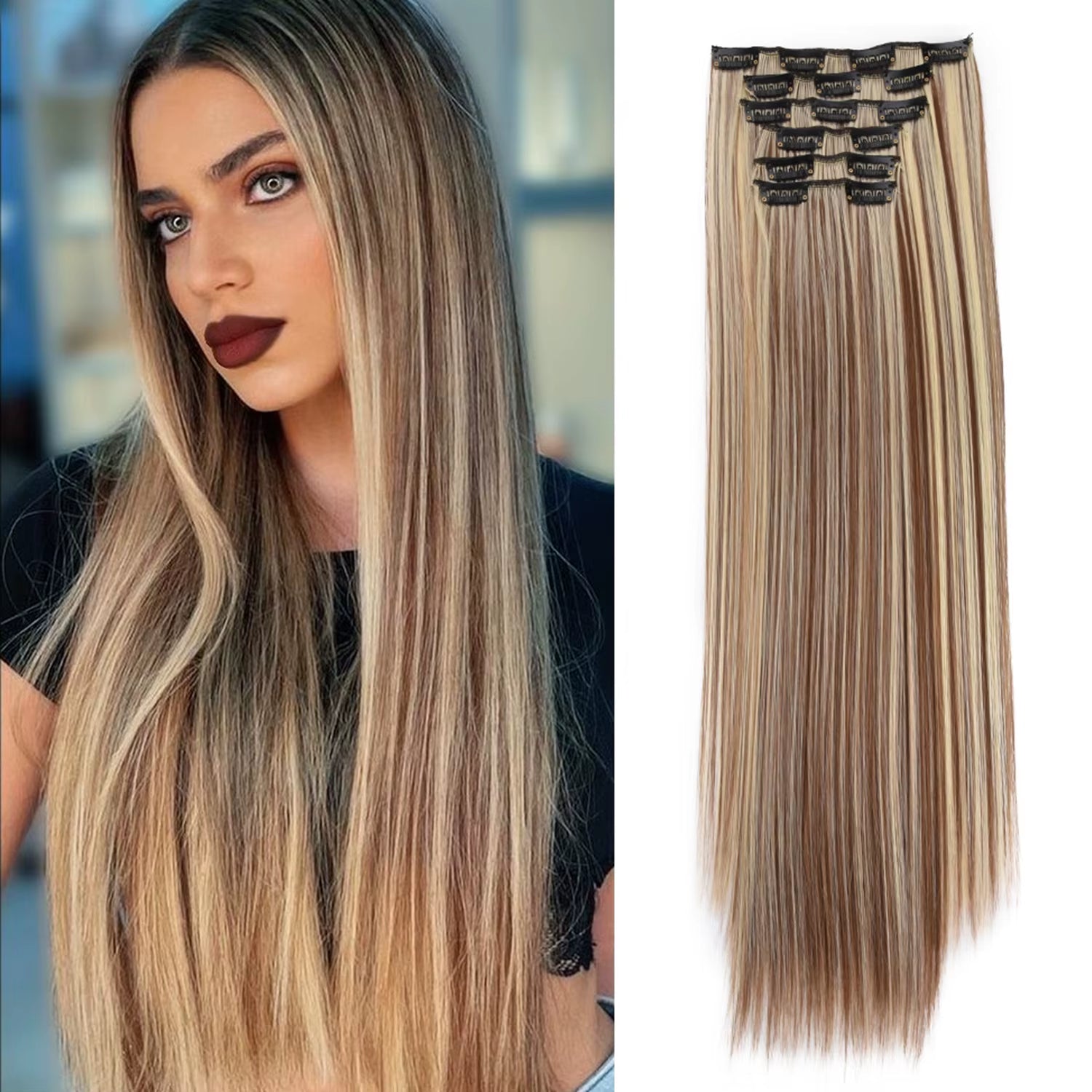 24-Inch Synthetic Clip-In Hair Extensions 6Pcs Straight Hairpieces