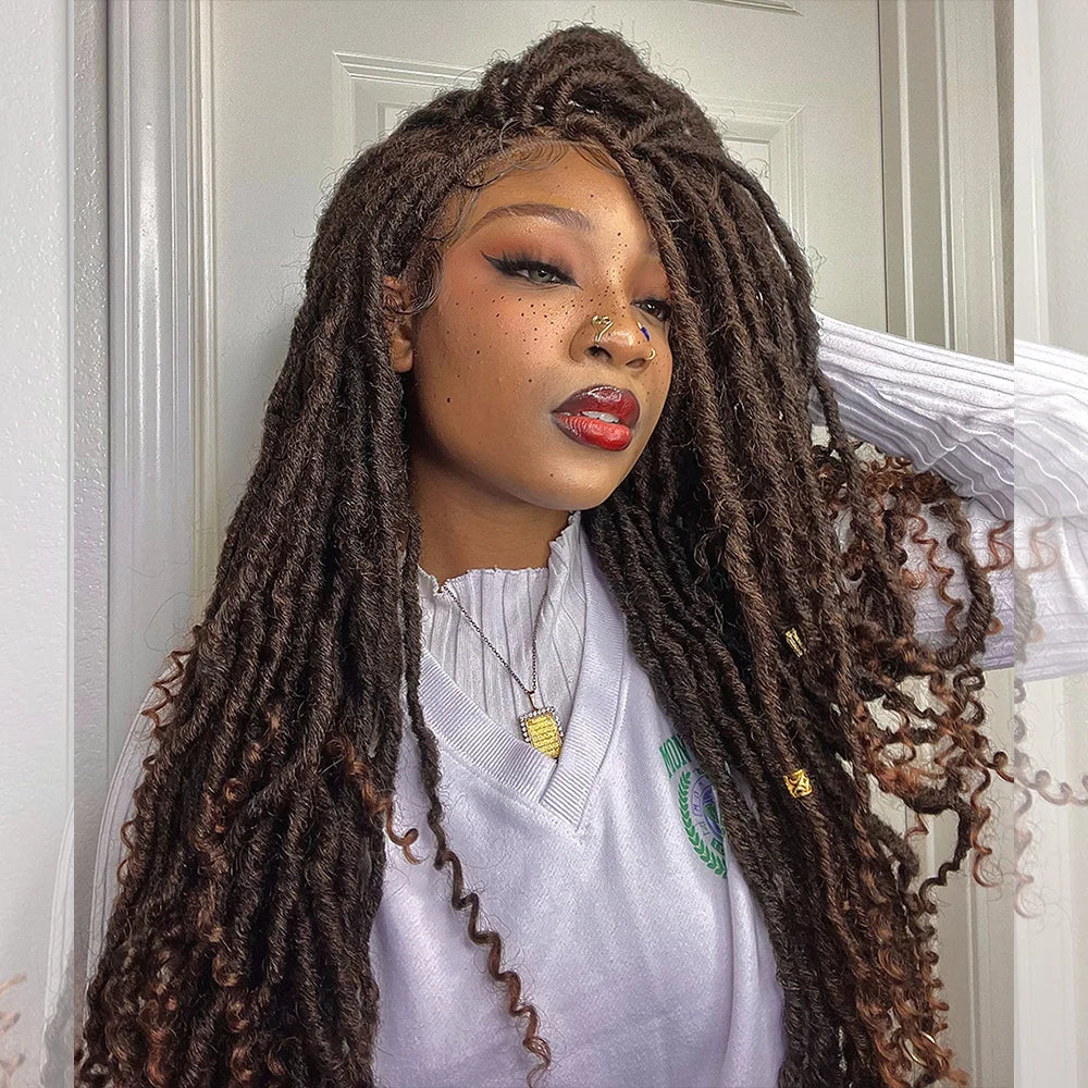 Tedhair 26 Inches 4X4 Deep Curls Ends Boho Goddess Locs Lace Closure Wigs 200% Density-100% Handmade