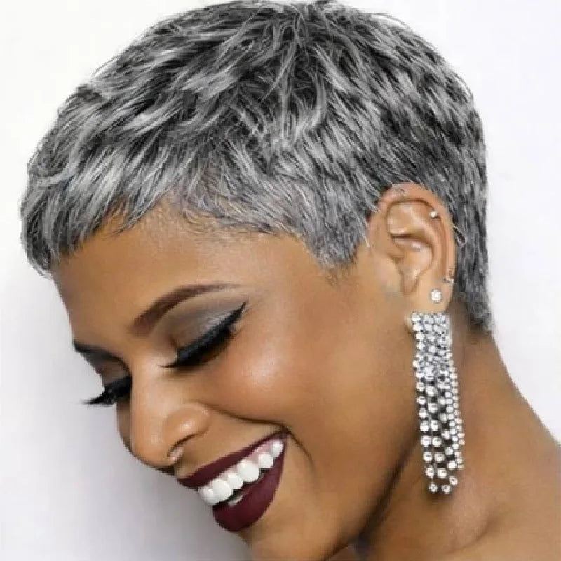 2 Inch Light Gray Short Curly Human Hair Full Machine Wig Glueless Comfortable Fit for Black Women Daily Wear Mature Hairstyles