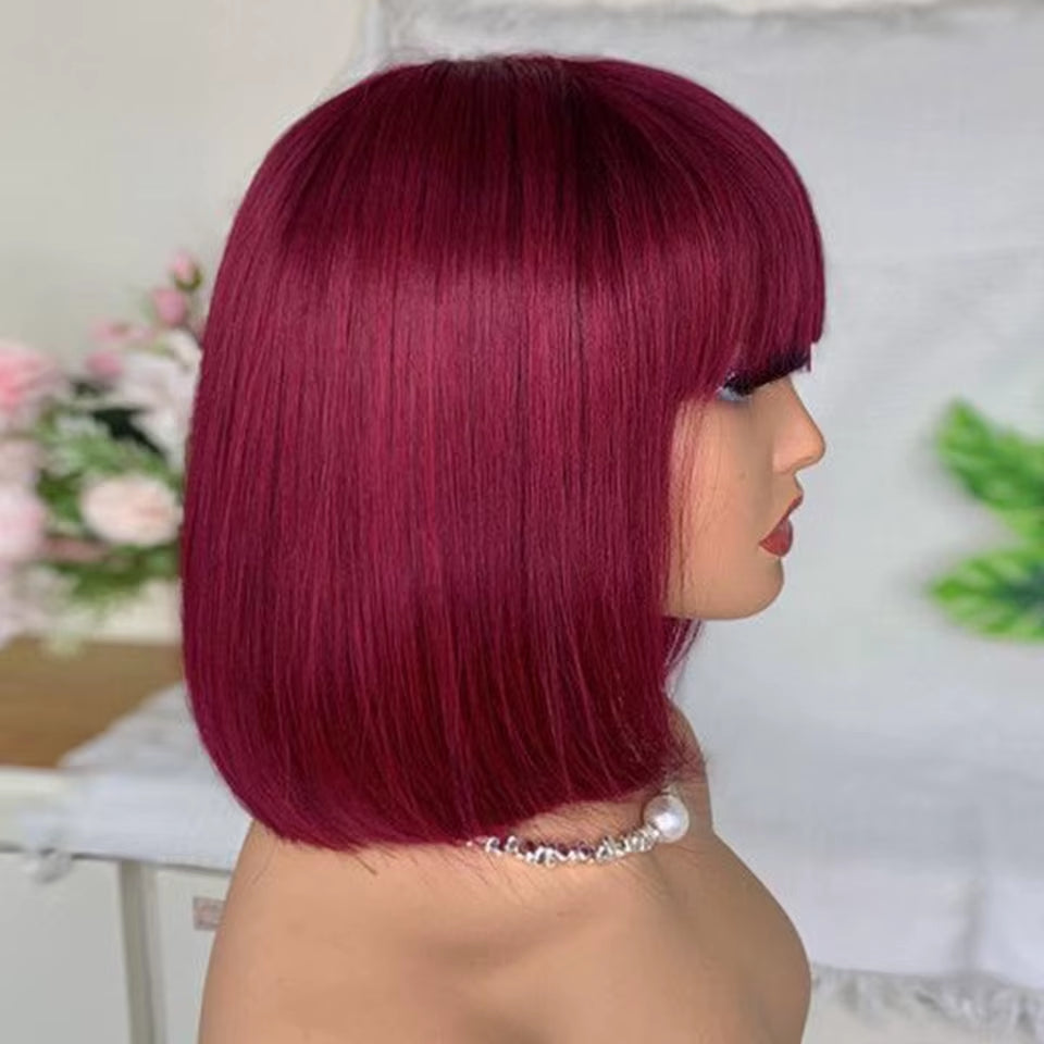 99J Burgundy Red Short Bob Human Hair Wig with Bangs