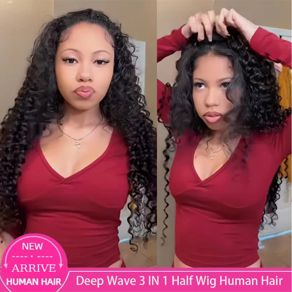 Flip over Half Wig 3 in 1 Deep Wave Half Wig Human Hair Wear and Go Glueless Wigs with Drawstring Seamless Clips Wig for Women