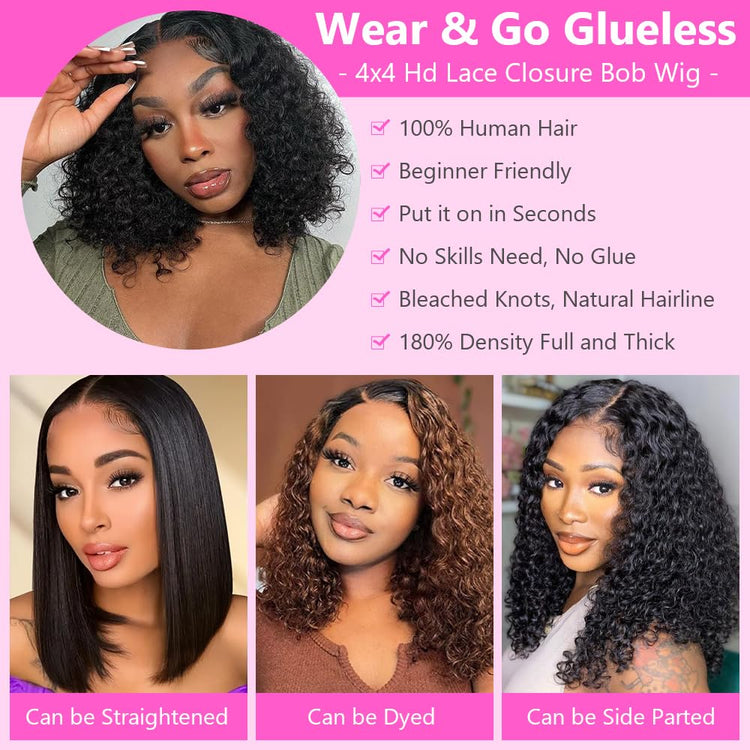 Human Hair 4X4 Glueless Curly Bob Wig 180% Density Lace Closure Kinky Curly Bob Wig for Black Women 12 Inch