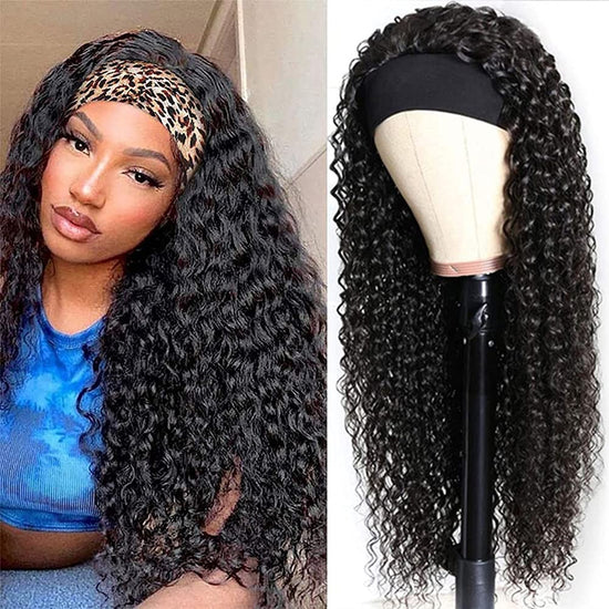 Human Hair Curly Wigs with Headband for Black Women - 18 Inch Deep Wave Machine Made None Lace Front Wig - 150% Density Brazilian Virgin Long Wig