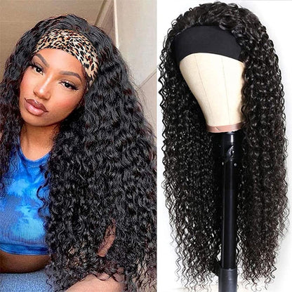 Human Hair Curly Wigs with Headband for Black Women - 18 Inch Deep Wave Machine Made None Lace Front Wig - 150% Density Brazilian Virgin Long Wig