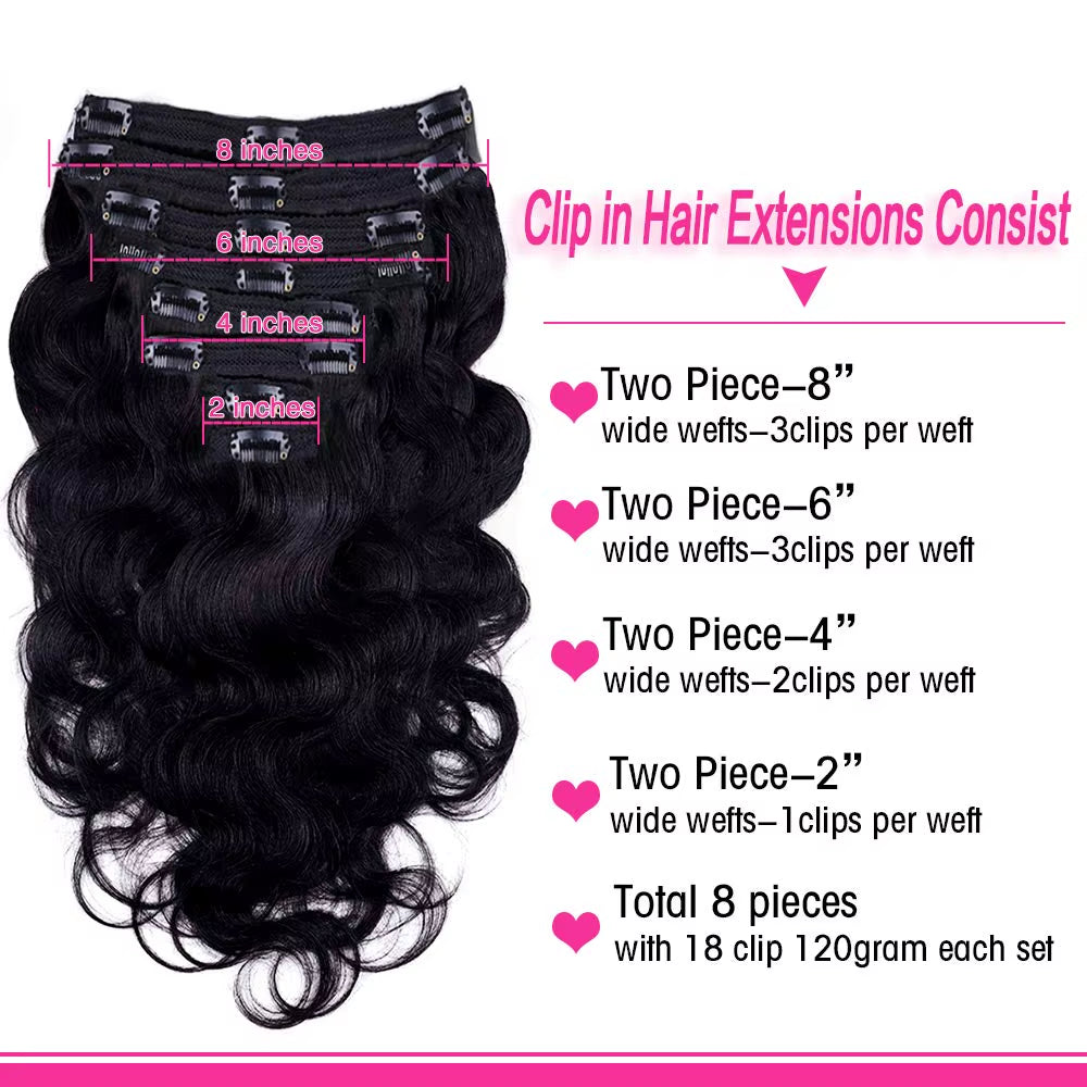 Body Wave Clip in Hair Extensions 100% Human Hair with Double Weft Brazilian Clip in 8Pcs 120G for Black Woman Clip Ins Hair 