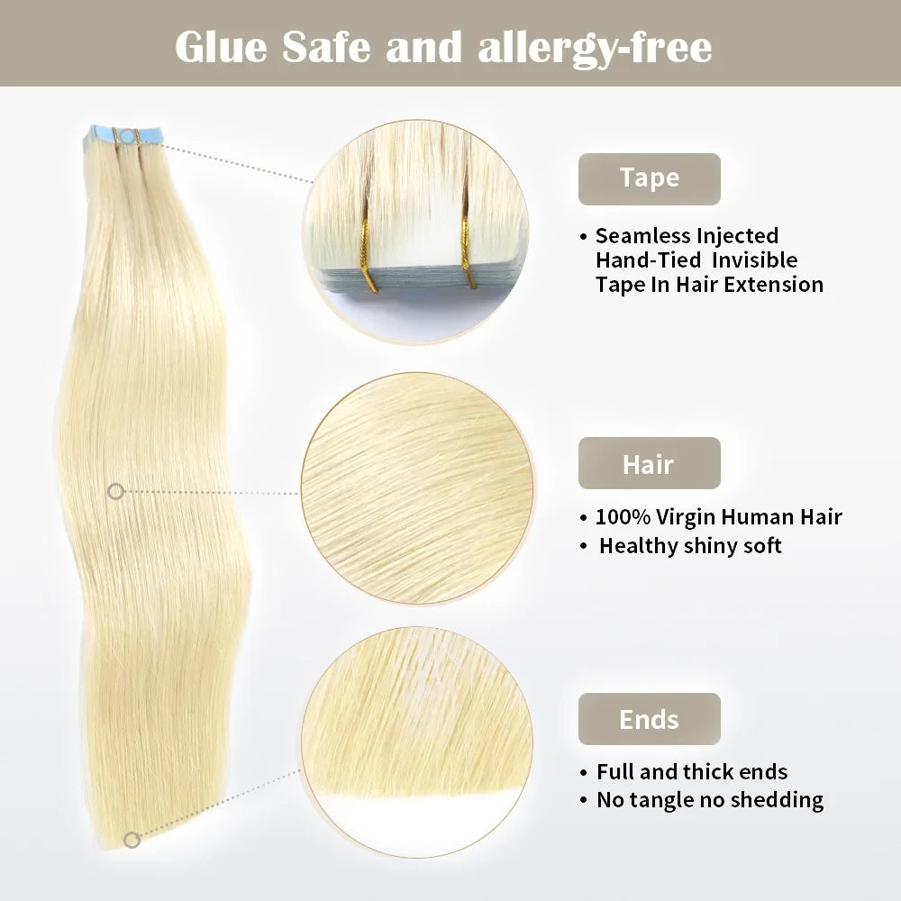 Tedhair Seamless Injected Hand-Tied Invisible Tape in Hair Extension 20Pcs Virgin Human Hair