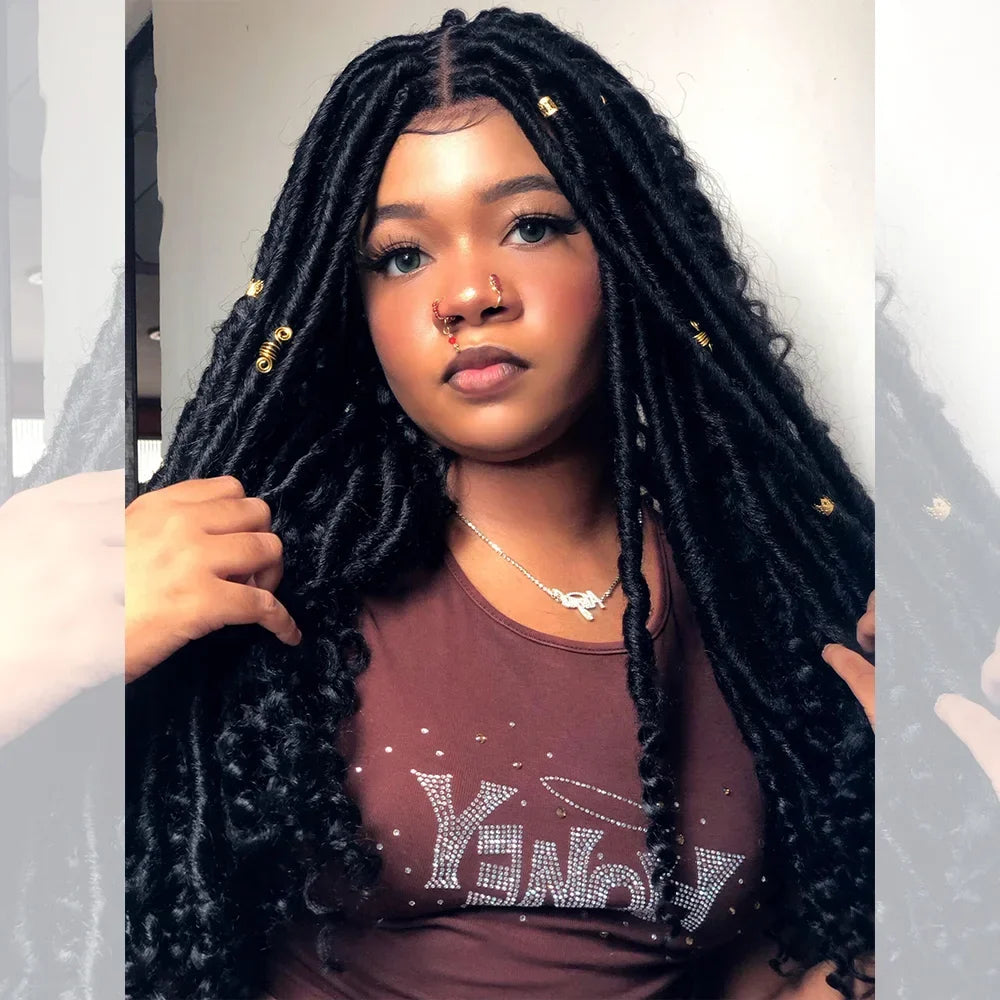 Tedhair 26 Inches 4X4 Faux Goddess Locs with Curls Braids Lace Closure Wigs 200% Density-100% Handmade
