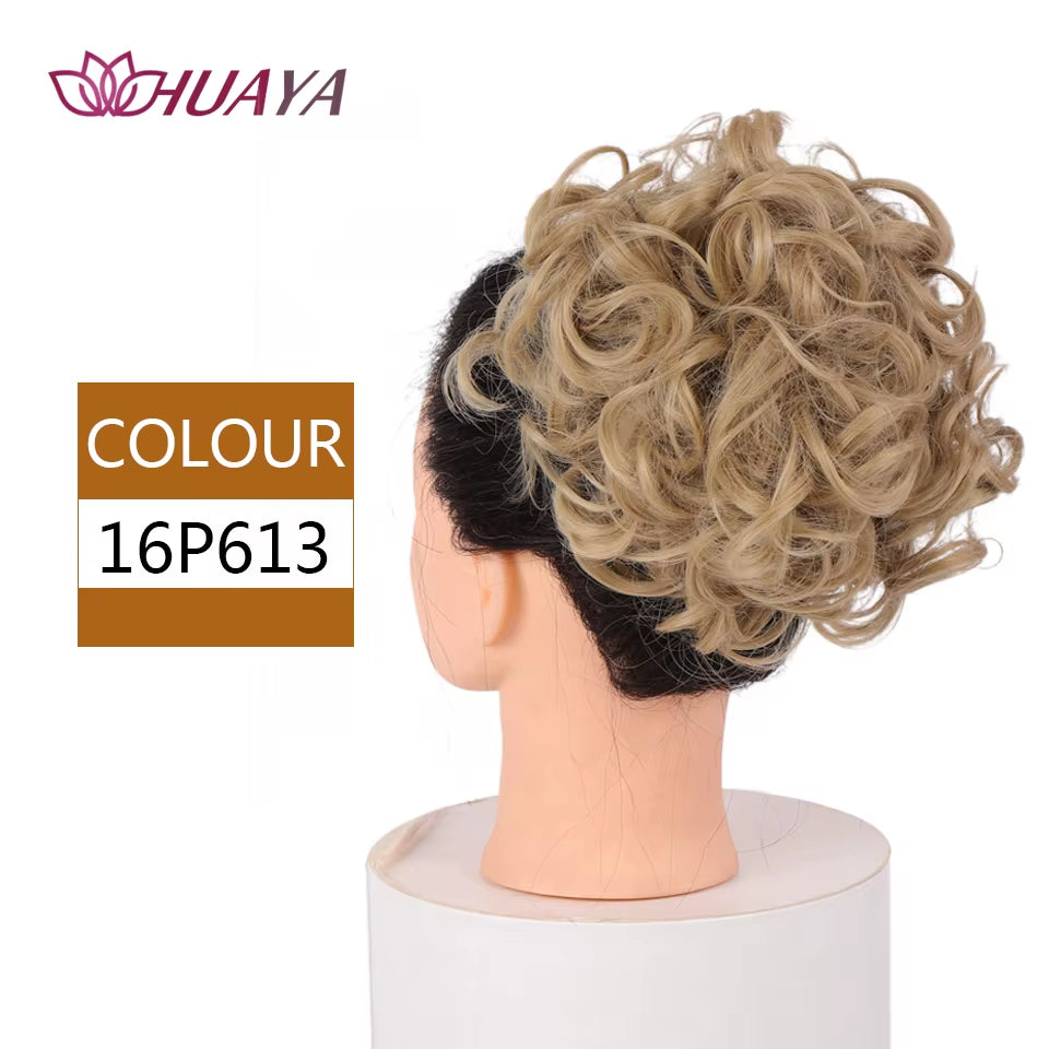 HUAYA Curly Chignon Messy Bun Updo Clip in Hair Piece Extensions Wiht Hairpins Elastic Band Synthetic Hair Bun Black Blonde