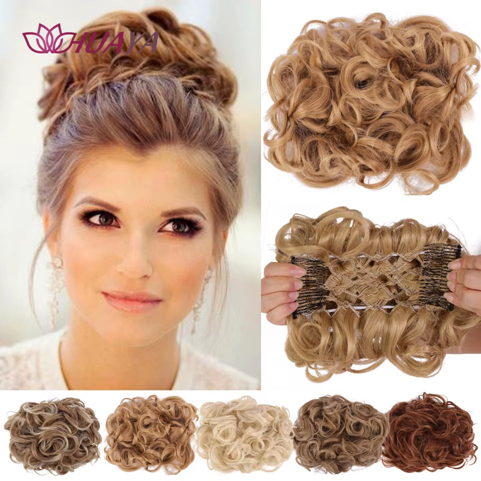 HUAYA Curly Chignon Messy Bun Updo Clip in Hair Piece Extensions Wiht Hairpins Elastic Band Synthetic Hair Bun Black Blonde