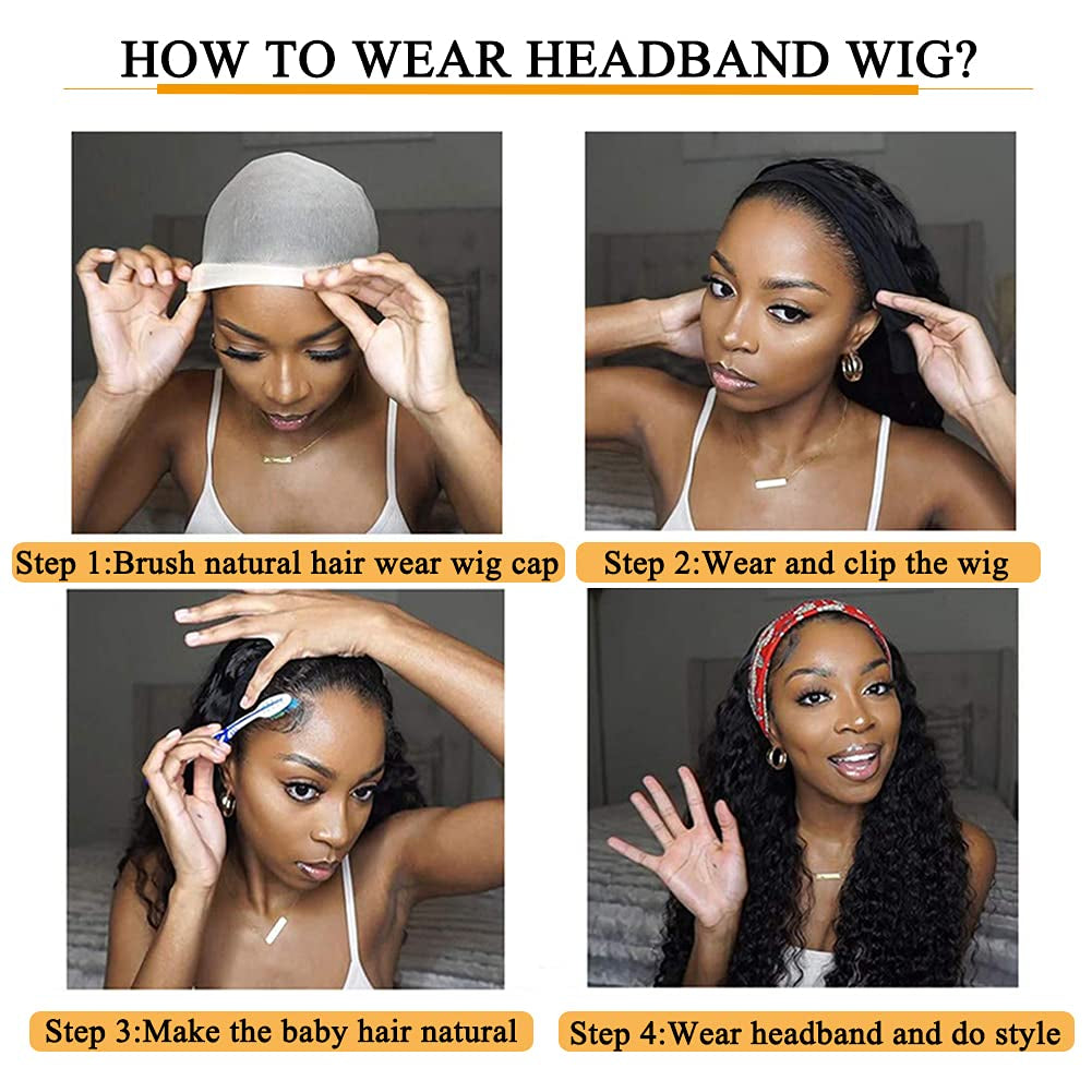 Deep Wave Headband Wig Human Hair Curly Headband Wigs for Black Women 150% Density Brazilian Virgin Human Hair Headband Wigs Curly Headband Wigs Human Hair Natural Black Headband Wigs 12 Inch