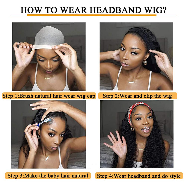 Deep Wave Headband Wig Human Hair Curly Headband Wigs for Black Women 150% Density Brazilian Virgin Human Hair Headband Wigs Curly Headband Wigs Human Hair Natural Black Headband Wigs 12 Inch