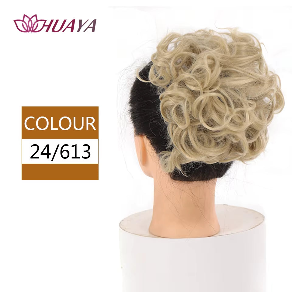 HUAYA Curly Chignon Messy Bun Updo Clip in Hair Piece Extensions Wiht Hairpins Elastic Band Synthetic Hair Bun Black Blonde