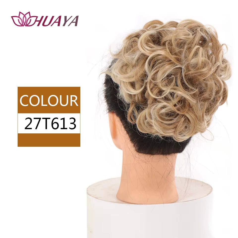 HUAYA Curly Chignon Messy Bun Updo Clip in Hair Piece Extensions Wiht Hairpins Elastic Band Synthetic Hair Bun Black Blonde